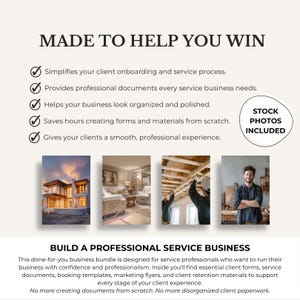 May include: A promotional image with the text "MADE TO HELP YOU WIN" and "BUILD A PROFESSIONAL SERVICE BUSINESS". The image includes four smaller photos and a list of benefits for service professionals, including client onboarding and professional documents.