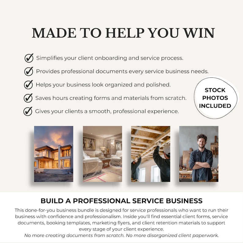 May include: A promotional image with the text "MADE TO HELP YOU WIN" and "BUILD A PROFESSIONAL SERVICE BUSINESS". The image includes four smaller photos and a list of benefits for service professionals, including client onboarding and professional documents.