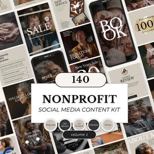 Peut inclure: Un ensemble de modèles de médias sociaux pour les organisations à but non lucratif. La conception présente diverses mises en page avec du texte tel que "SALE", "BOOK", "CLIENT REVIEW" et "NONPROFIT SOCIAL MEDIA CONTENT KIT". La palette de couleurs comprend le beige, le marron et le blanc.