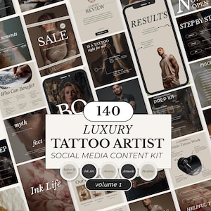 Peut inclure: Une image promotionnelle pour un kit de contenu de médias sociaux pour tatoueurs. L'image présente diverses maquettes, notamment des écrans de téléphone et d'autres graphiques. Les éléments textuels incluent "SALE", "RESULTS" et "TATTOO ARTIST". Le graphique central indique "140 LUXURY TATTOO ARTIST SOCIAL MEDIA CONTENT KIT".