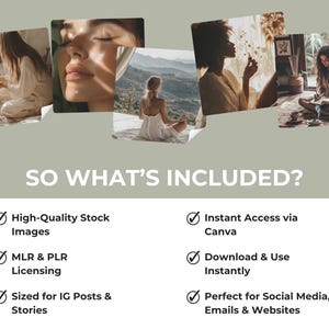 May include: A light green background displays multiple images of women in different settings. The text "SO WHAT'S INCLUDED?" is above a list detailing features such as high-quality stock images and instant access via Canva.