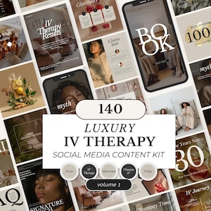 Può includere: Una raccolta di modelli di contenuti per social media per la terapia IV di lusso, con vari layout con testo e immagini. Il kit include modelli per i risultati della terapia IV, omaggi, amore per i clienti e altro ancora. Il testo centrale recita "140 LUXURY IV THERAPY SOCIAL MEDIA CONTENT KIT".