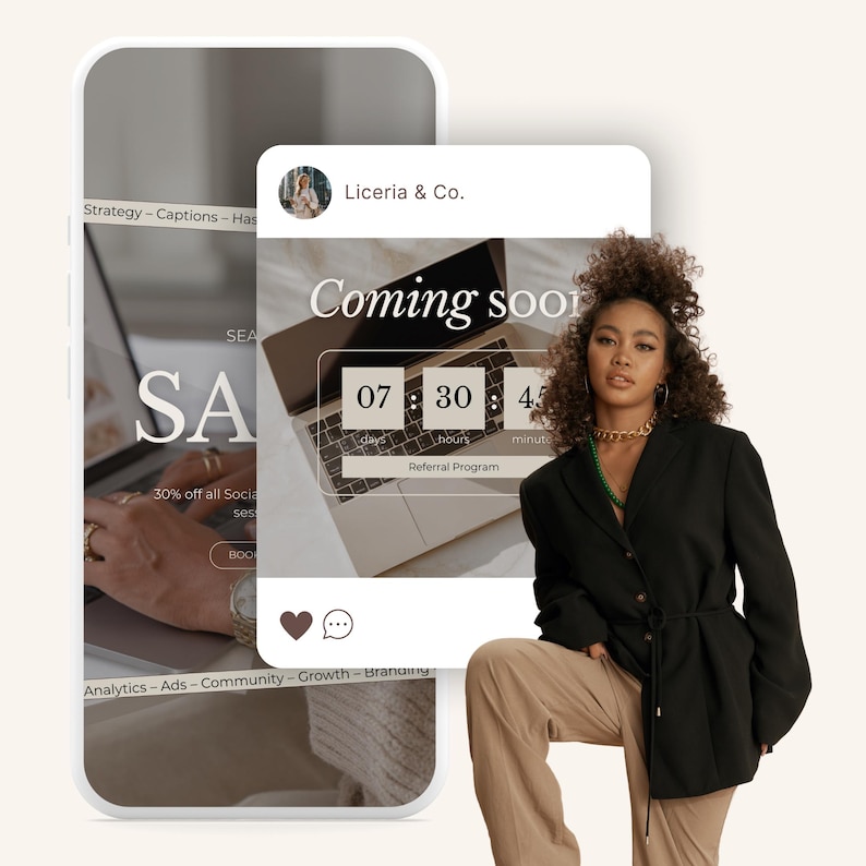 Pode incluir: Um display digital mostrando uma publica&ccedil;&atilde;o de rede social da Liceria & Co. com um cron&ocirc;metro, ao lado de uma pessoa vestindo um blazer preto e cal&ccedil;as bege. A tela apresenta textos como Coming soon, 30% off all Social Media sessions e Referral Program.
