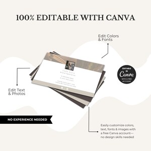 May include: A stack of business cards with a modern design. The cards feature a photo, contact information, and the text "100% Editable with Canva." Additional text includes "Edit Text & Photos," "Edit Colors & Fonts," and "No Experience Needed."