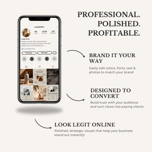 Puede incluir: Un tel&eacute;fono inteligente muestra un perfil de redes sociales con el texto "Lume & Co." y las palabras "Professional. Polished. Profitable." La imagen promociona servicios de branding, destacando la posibilidad de editar colores, fuentes y fotos.