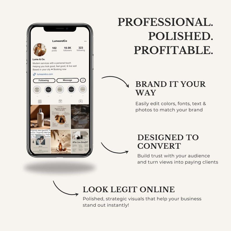 Puede incluir: Un tel&eacute;fono inteligente muestra un perfil de redes sociales con el texto "Lume & Co." y las palabras "Professional. Polished. Profitable." La imagen promociona servicios de branding, destacando la posibilidad de editar colores, fuentes y fotos.