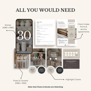 May include: A digital marketing package with templates for social media posts, stories, and highlight covers. The image includes a phone screen with a "New Years Sale" graphic, forms, and the text "All You Would Need."