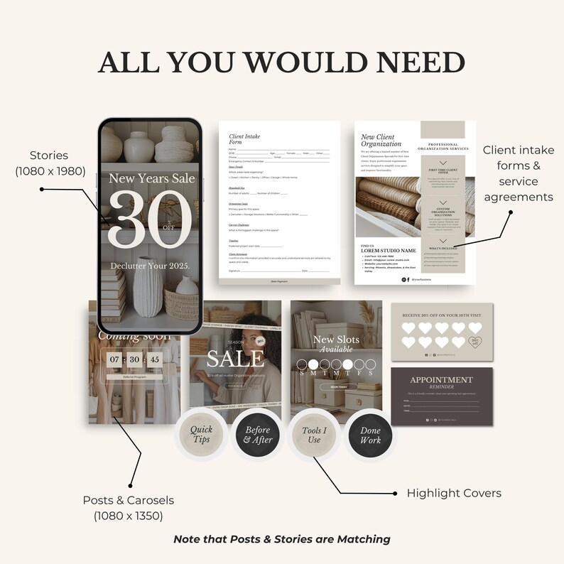 May include: A digital marketing package with templates for social media posts, stories, and highlight covers. The image includes a phone screen with a "New Years Sale" graphic, forms, and the text "All You Would Need."