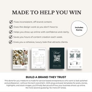 Puede incluir: Imagen promocional con el texto "MADE TO HELP YOU WIN" y "BUILD A BRAND THEY TRUST". Muestra ejemplos de materiales de marketing, como una factura, plantillas de redes sociales y c&oacute;digos QR de pago. El kit est&aacute; dise&ntilde;ado para emprendedores de servicios.