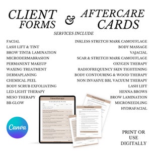 May include: A graphic with the text "Client Forms & Aftercare Cards" in black text on a white background. The graphic lists services offered, including facial, lash lift & tint, brow tint & lamination, microdermabrasion, permanent makeup, waxing treatment, dermaplaning, chemical peel, body scrub exfoliating, LED light therapy, meso therapy, and BB glow. The graphic also includes images of client forms for mesotherapy, facial treatment, and client consent forms.