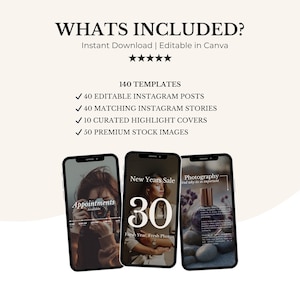 Puede incluir: Imagen con el texto "WHATS INCLUDED?" y una lista de plantillas digitales para Instagram. Tres smartphones muestran publicaciones de ejemplo con el texto "Appointments", "New Years Sale" y "Photography". La imagen incluye 140 plantillas, 40 publicaciones de Instagram e im&aacute;genes.