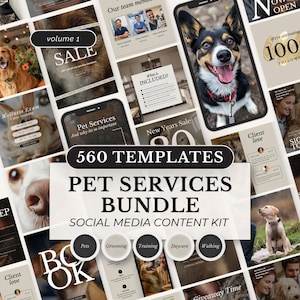 Puede incluir: Un conjunto de plantillas de redes sociales para servicios de mascotas. La imagen presenta 560 plantillas con opciones para mascotas, aseo, entrenamiento, guardería y paseos. Incluye fotos de perros y gráficos promocionales.