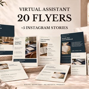May include: A collection of twenty virtual assistant flyers and five Instagram stories templates featuring dark blue and cream layouts with text including Virtual Assistant, 20 Flyers, and +5 Instagram Stories. Digital download.