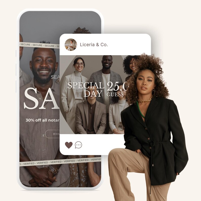 May include: A digital display shows a promotional advertisement with the text "SEA SALE" and "30% off all notar". Another display shows a group of people with the text "SPECIAL 25.0 DAY GUESS". A woman in a black blazer and tan pants is also in the image.