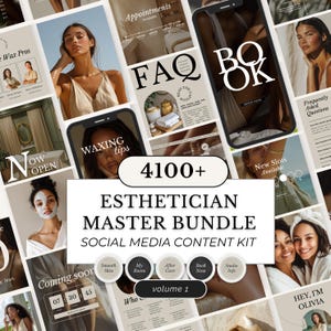 May include: A digital marketing bundle for estheticians, featuring social media content. The image includes mockups of phone screens with text like "Waxing Tips" and "Book Now." The bundle is labeled "Esthetician Master Bundle" with over 4100 items.