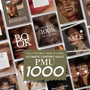 Può includere: Una collezione digitale di modelli modificabili per social media per truccatori permanenti, con varie grafiche promozionali che includono testi come RESERVE, BOOK, 100K FOLLOWERS, SUMMER SALE e ULTIMATE CONTENT VAULT PMU 1000.
