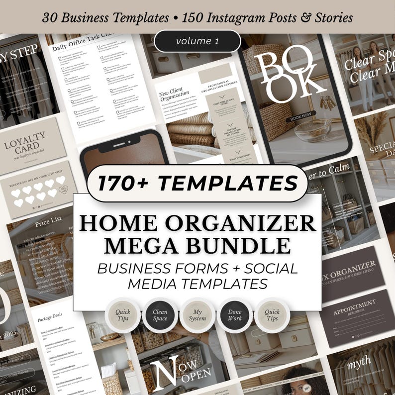May include: A collection of digital templates for home organization, business forms, and social media. The image features various layouts, including Instagram posts, price lists, and appointment cards. Text includes "Home Organizer Mega Bundle" and "170+ Templates."