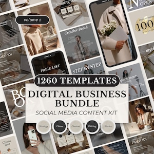 Pode incluir: Um kit de conte&uacute;do para redes sociais com 1260 modelos digitais para neg&oacute;cios. A colagem exibe v&aacute;rios layouts em tons neutros, incluindo texto como volume 1, Creative Reach, PRICE LIST, STEP BY STEP e Client love para branding profissional.