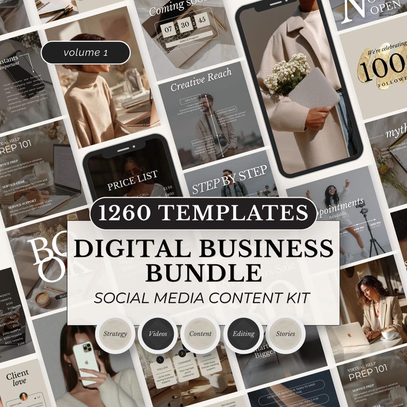 Pode incluir: Um kit de conte&uacute;do para redes sociais com 1260 modelos digitais para neg&oacute;cios. A colagem exibe v&aacute;rios layouts em tons neutros, incluindo texto como volume 1, Creative Reach, PRICE LIST, STEP BY STEP e Client love para branding profissional.
