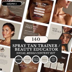 Puede incluir: Un kit de contenido para redes sociales para entrenadores de bronceado en spray y educadores de belleza. La imagen muestra plantillas para vistas de clientes, preparación de capacitación y horarios de reserva. El texto es "Spray Tan Trainer / Beauty Educator".