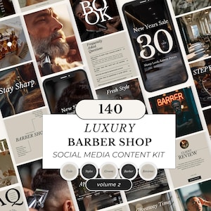 Puede incluir: Un conjunto de plantillas de contenido para redes sociales para una barbería de lujo. El diseño presenta imágenes de servicios de barbería. El texto incluye "140 Luxury Barber Shop Social Media Content Kit" y "New Years Sale 30 OFF".
