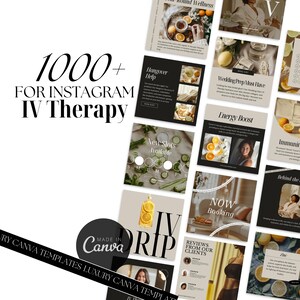 Könnte beinhalten: Eine Sammlung von über 1.000 Instagram-Post-Vorlagen für IV-Therapie-Unternehmen. Die Vorlagen bieten eine Vielzahl von Designs mit moderner Ästhetik, darunter Bilder von Zitrusfrüchten, Gurken und Menschen, die eine IV-Therapie erhalten. Der Text "IV Drip" wird prominent in der Mitte des Bildes dargestellt.