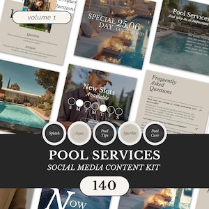 May include: A social media content kit for pool services. The image features various graphics with text like "Pool Services," "New Slots Available," and "Frequently Asked Questions." The color scheme includes white, black, and beige.