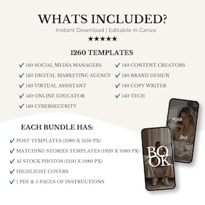 Pode incluir: Uma listagem de produto digital com 1260 modelos edit&aacute;veis no Canva para diversas profiss&otilde;es. O texto detalha modelos de postagem de 1080 x 1350 px, modelos de stories de 1920 x 1080 px, fotos de banco de imagens com IA e instru&ccedil;&otilde;es.