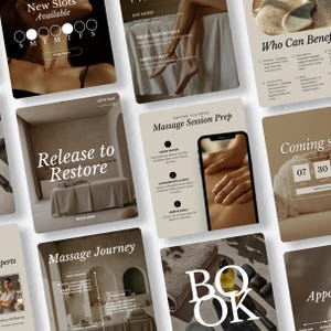 Pode incluir: Uma coleção de gráficos para redes sociais em tons de bege e castanho para um negócio de massagens. As imagens incluem textos como Massage Session Prep, Release to Restore e Massage Journey, juntamente com fotos de marquesas, óleo e pedras.