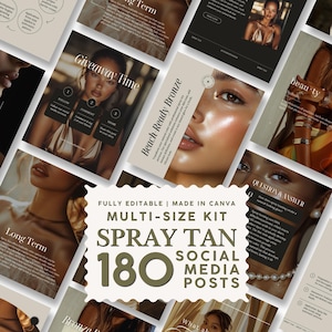 Puede incluir: Un kit de plantillas de marketing digital para negocios de bronceado en spray que incluye 180 diseños para redes sociales. La colección presenta varios formatos con textos superpuestos como Giveaway Time, Beach-Ready Bronze y Question & Answer, en una paleta de colores beige y marrón oscuro.