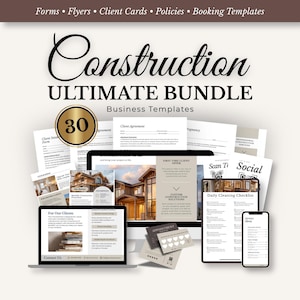May include: A collection of business templates for construction, including forms, flyers, and client cards. The image features a laptop, desktop computer, tablet, and smartphone displaying various documents. A gold-colored circle displays the number 30.