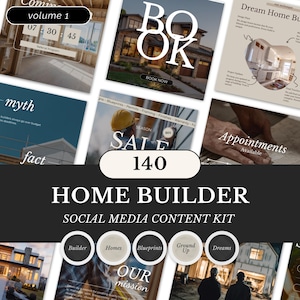 以下が含まれることがあります： 住宅建設業者向けのソーシャルメディアコンテンツキットで、さまざまなデザインテンプレートが特徴です。このキットには、「BOOK」、「SALE」、「Appointments Available」という言葉を含むテンプレートが含まれています。このキットには、「HOME BUILDER」と「SOCIAL MEDIA CONTENT KIT」という言葉も含まれています。