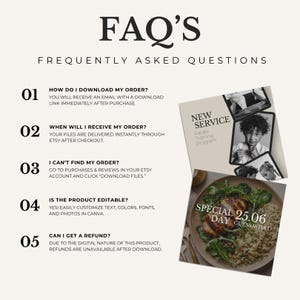 May include: A digital FAQ sheet titled "FAQ'S" with the subtitle "FREQUENTLY ASKED QUESTIONS". It addresses order downloads, delivery, order location, editability, and refunds. Includes a "New Service" flyer and a plate of food with text.