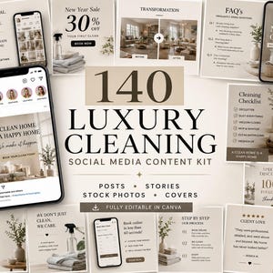 May include: An advertisement for a luxury cleaning service social media content kit. The image displays mockups of Instagram posts, stories, and covers, with text including "140 Luxury Cleaning" and "Book your clean today." The design uses a neutral beige and white colour scheme.