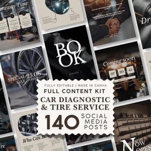 Könnte beinhalten: Ein digitales Content-Kit für Social-Media-Beiträge zu Autodiagnose und Reifenservice mit 140 bearbeitbaren Vorlagen. Die Sammlung enthält verschiedene Layouts mit Automobilbildern, Texteinblendungen und servicebezogenen Grafiken.