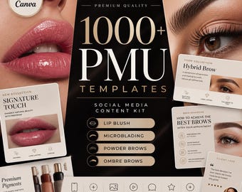 PMU Social Media Templates, Lip Blush, Ombre Brows, Microblading & Powder Brows Canva Marketing Bundle