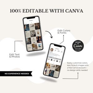 May include: Two smartphones displaying social media templates. The image includes the text "100% EDITABLE WITH CANVA", "Edit Text & Photos", "Edit Colors & Fonts", and "NO EXPERIENCE NEEDED". The Canva logo is also visible.