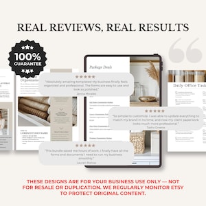 May include: A digital marketing image with the text "Real Reviews, Real Results" and "100% Guarantee." The image showcases a tablet displaying business templates and client testimonials. The bottom text reads "These designs are for your business use only."