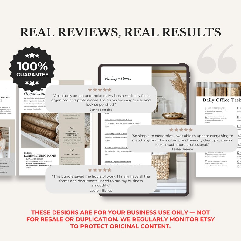 May include: A digital marketing image with the text "Real Reviews, Real Results" and "100% Guarantee." The image showcases a tablet displaying business templates and client testimonials. The bottom text reads "These designs are for your business use only."