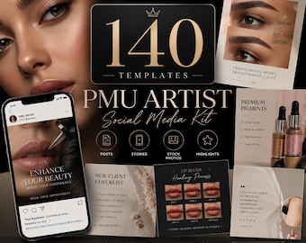 May include: A PMU Artist Social Media Kit with 140 templates, designed to attract clients and grow a permanent makeup business. Includes posts, stories, stock photos, and highlights. Features before and after brow transformations, lip blush healing process, and premium pigments.