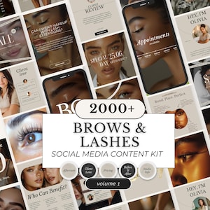 Peut inclure: Un kit de contenu pour les réseaux sociaux pour les sourcils et les cils, avec des modèles affichant du texte tel que "Appointments Available" et "Client Review". Le kit comprend des images d'yeux avec de longs cils et des gros plans de visages. Le texte "2000+ BROWS & LASHES SOCIAL MEDIA CONTENT KIT" est également visible.