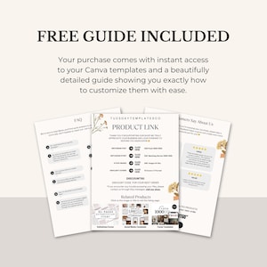 May include: A promotional image featuring three open documents with text. The top document reads "FREE GUIDE INCLUDED." The documents contain text about Canva templates, a product link, and customer testimonials. The image is on a light beige background.