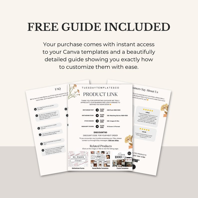 May include: A promotional image featuring three open documents with text. The top document reads "FREE GUIDE INCLUDED." The documents contain text about Canva templates, a product link, and customer testimonials. The image is on a light beige background.