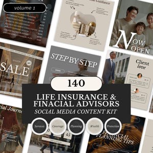 May include: A social media content kit for life insurance and financial advisors. The kit includes 140 templates with various themes, including financial planning tips, client testimonials, and service offerings. The design features a neutral color palette.