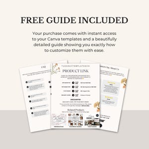 Pode incluir: Um guia de produto digital composto por tr&ecirc;s p&aacute;ginas brancas com texto preto e ilustra&ccedil;&otilde;es florais. A p&aacute;gina central exibe o texto TUESDAYTEMPLATESCO, PRODUCT LINK e DISCOUNT60, juntamente com links para publica&ccedil;&otilde;es, hist&oacute;rias e imagens.