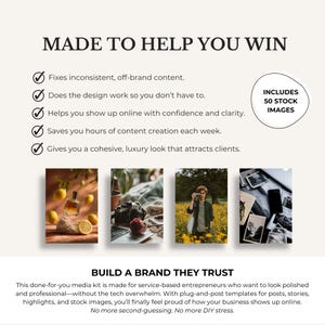 Puede incluir: Un gr&aacute;fico promocional con el texto "MADE TO HELP YOU WIN" y vi&ntilde;etas que resaltan los beneficios. Incluye un c&iacute;rculo con "INCLUDES 50 STOCK IMAGES". Debajo hay cuatro im&aacute;genes de estilo de vida y el texto "BUILD A BRAND THEY TRUST".