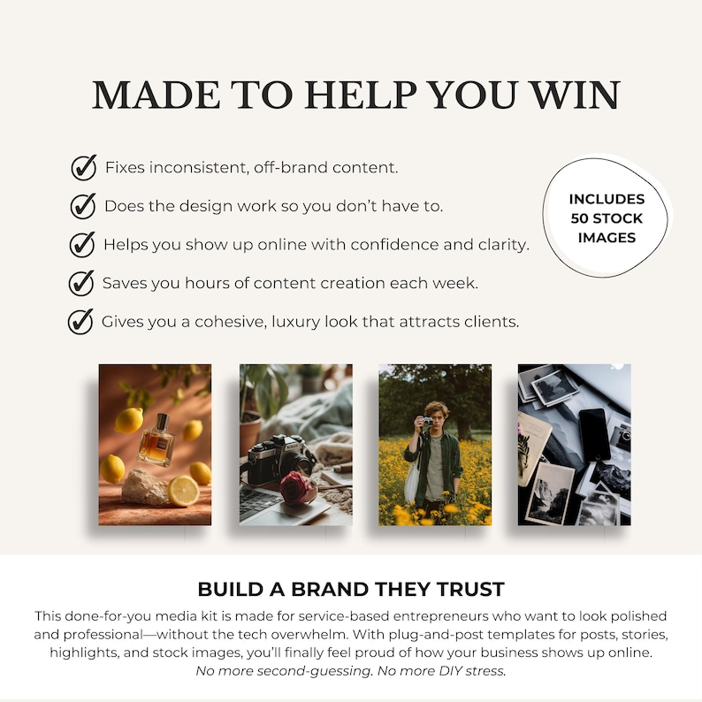 Puede incluir: Un gr&aacute;fico promocional con el texto "MADE TO HELP YOU WIN" y vi&ntilde;etas que resaltan los beneficios. Incluye un c&iacute;rculo con "INCLUDES 50 STOCK IMAGES". Debajo hay cuatro im&aacute;genes de estilo de vida y el texto "BUILD A BRAND THEY TRUST".