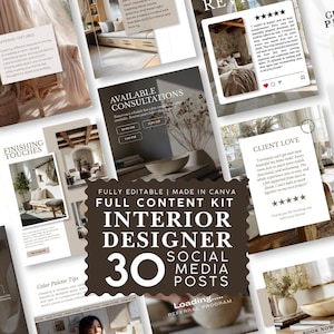 May include: A digital content kit for interior designers featuring 30 social media post templates. The central dark brown graphic displays the text FULLY EDITABLE | MADE IN CANVA FULL CONTENT KIT INTERIOR DESIGNER 30 SOCIAL MEDIA POSTS.