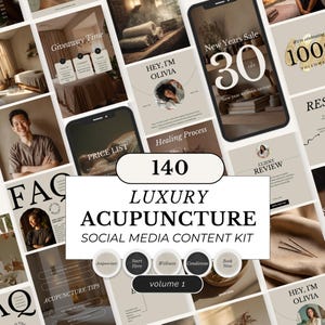 Könnte beinhalten: Ein Social-Media-Content-Kit für Akupunkturunternehmen. Das Kit enthält 140 Luxusvorlagen mit verschiedenen Designs, darunter Preislisten, Kundenbewertungen und Werbegrafiken. Die Farbpalette ist neutral mit Beige- und Brauntönen.