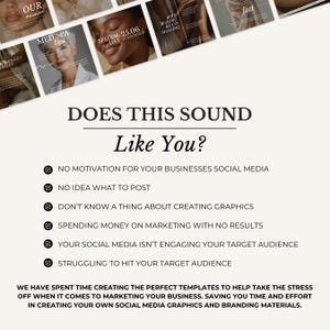 Puede incluir: Un gr&aacute;fico promocional con el texto "DOES THIS SOUND Like You?" y vi&ntilde;etas sobre los desaf&iacute;os de las redes sociales. La imagen incluye peque&ntilde;as fotos y texto sobre marketing y materiales de marca.